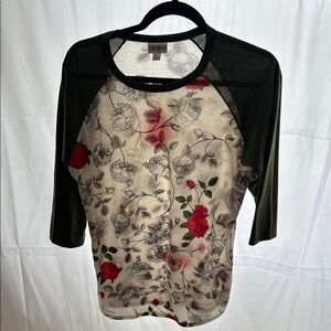 LuLaRoe Olive and Cream Raglan Graphic Floral Blouse